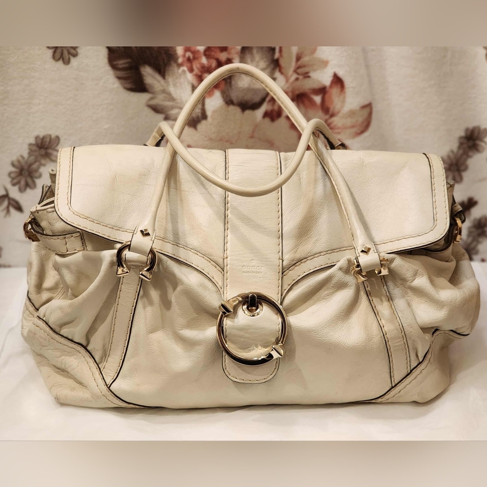 Authentic GUCCI "Maxi Borsa" White Leather Travel Satchel